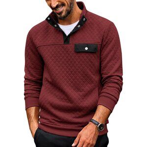 Men's Sweatshirt Quarter Button Pullover Sweatshirt Stand Collar Polo Wine Red